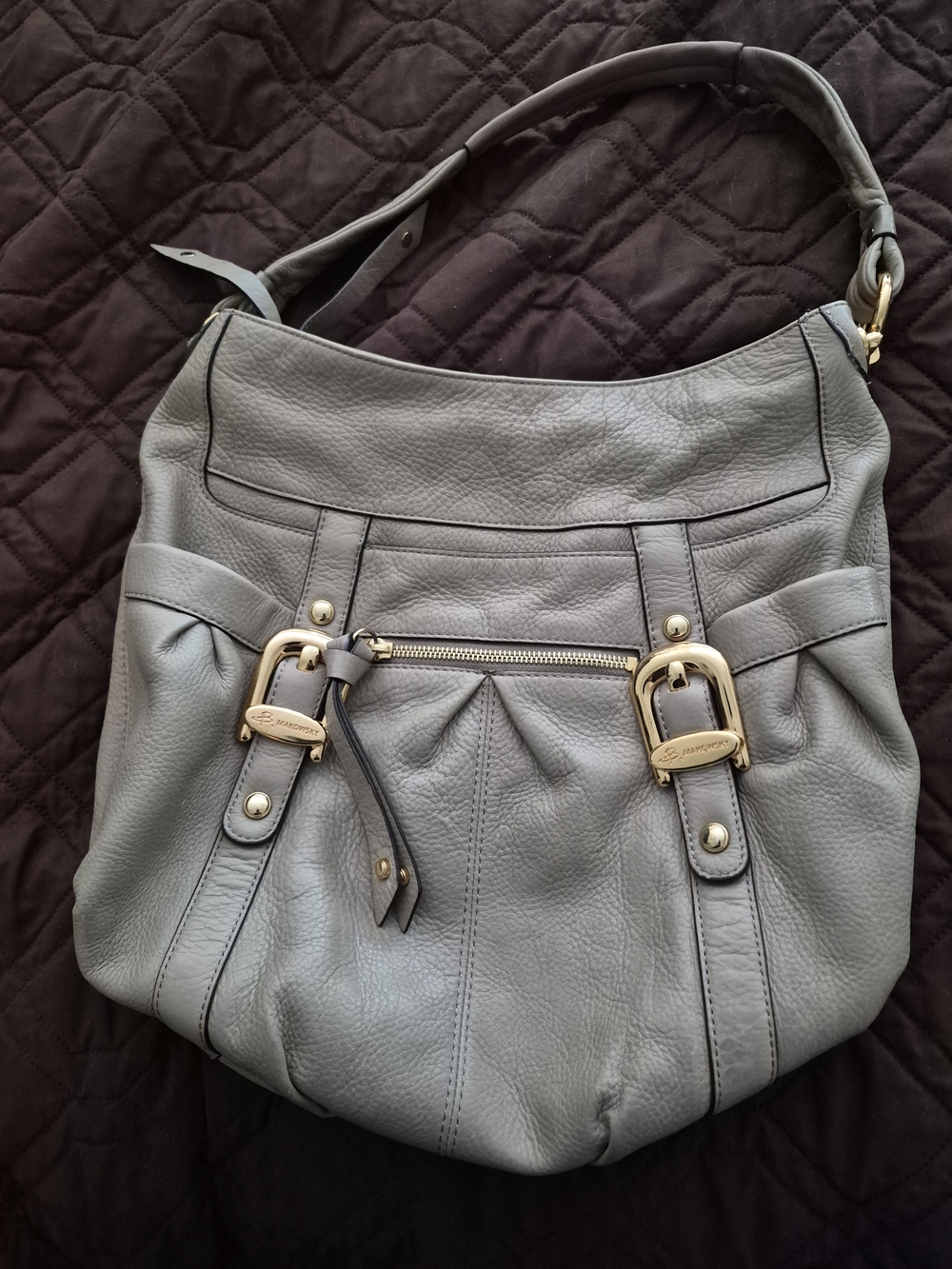 Pebbled Gray Leather Shoulder Hobo with Gold Hardware